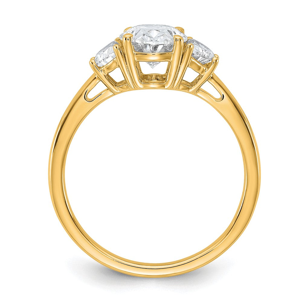 14K Yellow Gold 1/2 carat Lab Grown Diamond VS+ F+ Half Moon and 1 1/2 carat Oval Center Semi Mount Three Stone Engagement Ring