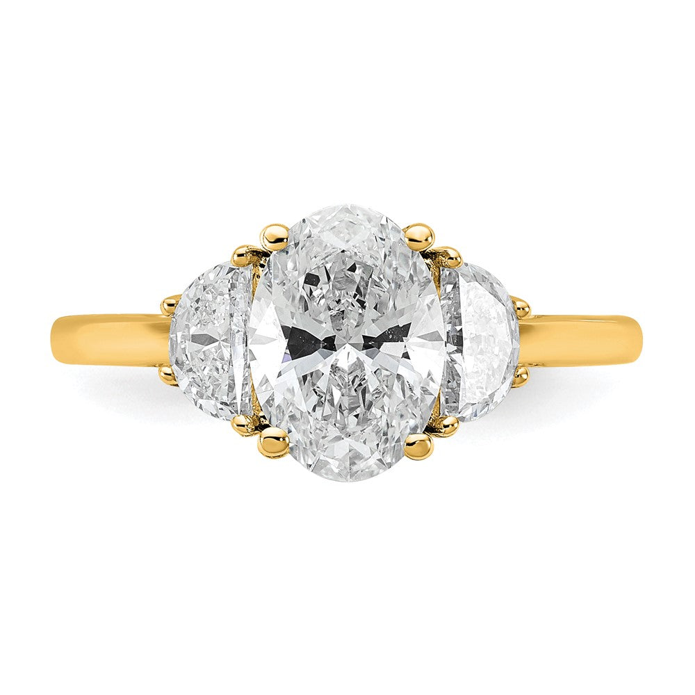14K Yellow Gold 1/2 carat Lab Grown Diamond VS+ F+ Half Moon and 1 1/2 carat Oval Center Semi Mount Three Stone Engagement Ring