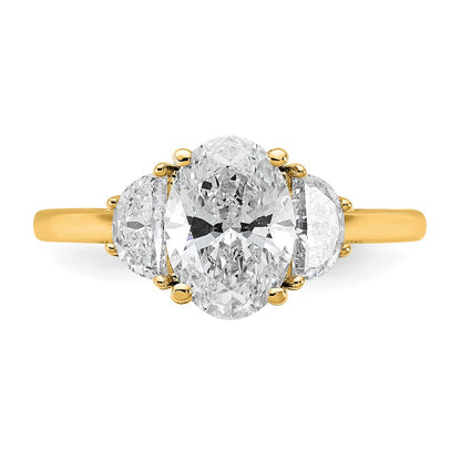 14K Yellow Gold 1/2 carat Lab Grown Diamond VS+ F+ Half Moon and 1 1/2 carat Oval Center Semi Mount Three Stone Engagement Ring