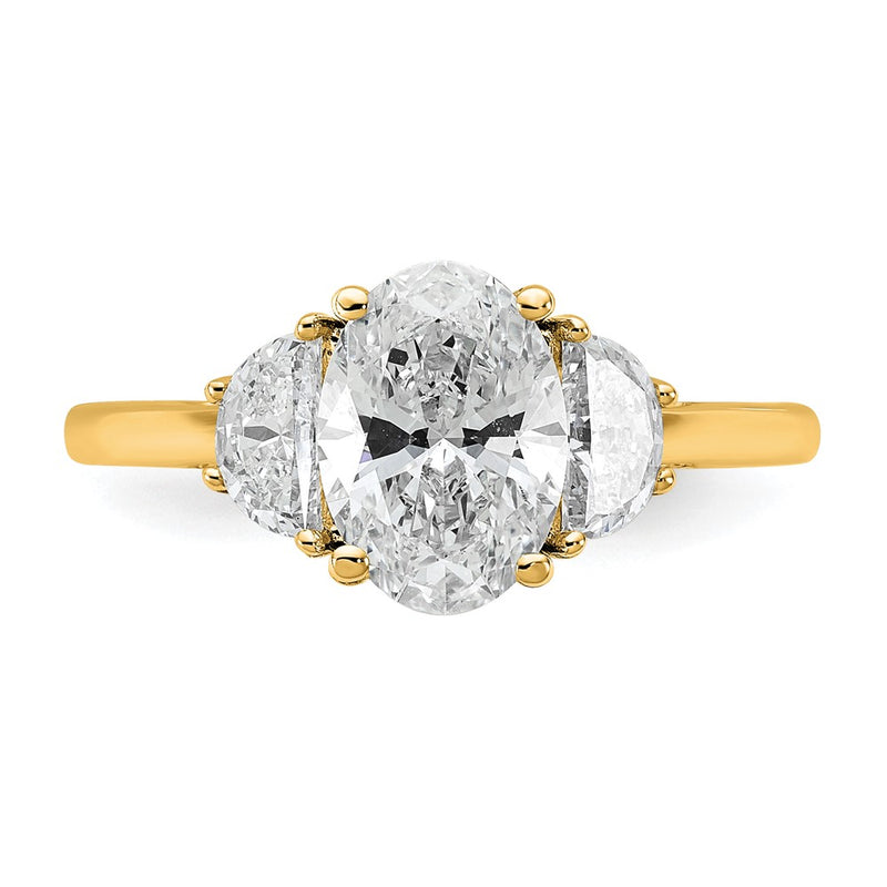 14K Yellow Gold 1/2 carat Lab Grown Diamond VS/SI+ G+ Half Moon and 1 1/2 carat Oval Center Semi Mount Three Stone Engagement Ring
