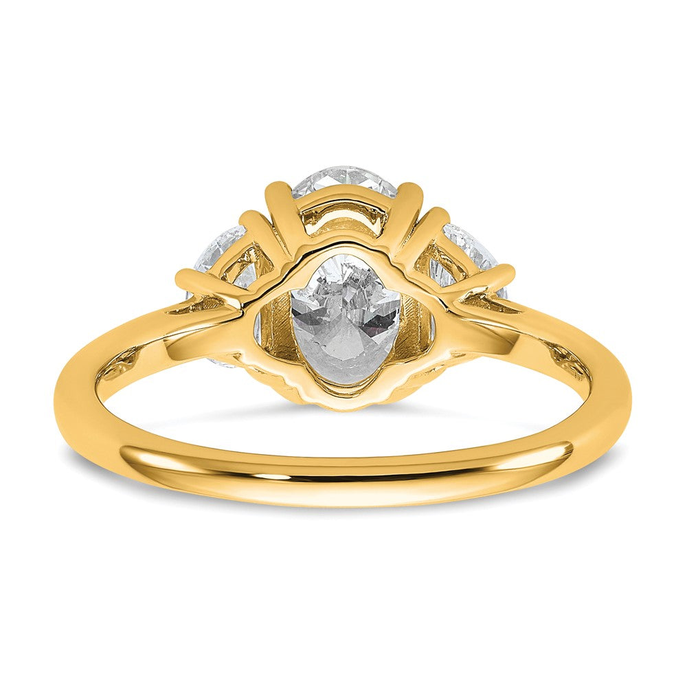 14K Yellow Gold 1/2 carat Lab Grown Diamond VS+ F+ Half Moon and 1 1/2 carat Oval Center Semi Mount Three Stone Engagement Ring