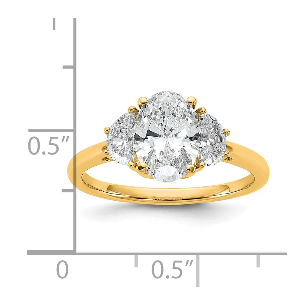14K Yellow Gold 1/2 carat Lab Grown Diamond VS+ F+ Half Moon and 1 1/2 carat Oval Center Semi Mount Three Stone Engagement Ring