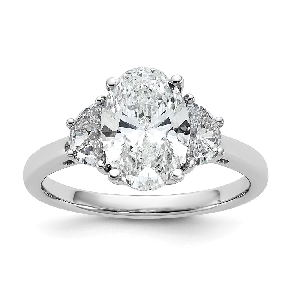 14K White Gold 1/2 carat Lab Grown Diamond VS+ F+ Half Moon and 2 carat Oval Center Semi Mount Three Stone Engagement Ring