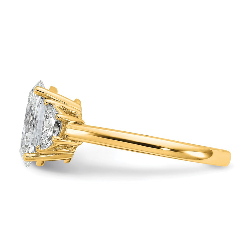 14K Yellow Gold 1/2 carat Lab Grown Diamond VS+ F+ Half Moon and 2 carat Oval Center Semi Mount Three Stone Engagement Ring
