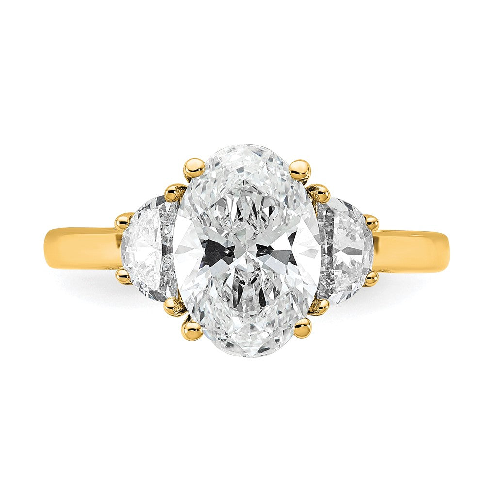 14K Yellow Gold 1/2 carat Lab Grown Diamond VS/SI+ G+ Half Moon and 2 carat Oval Center Semi Mount Three Stone Engagement Ring