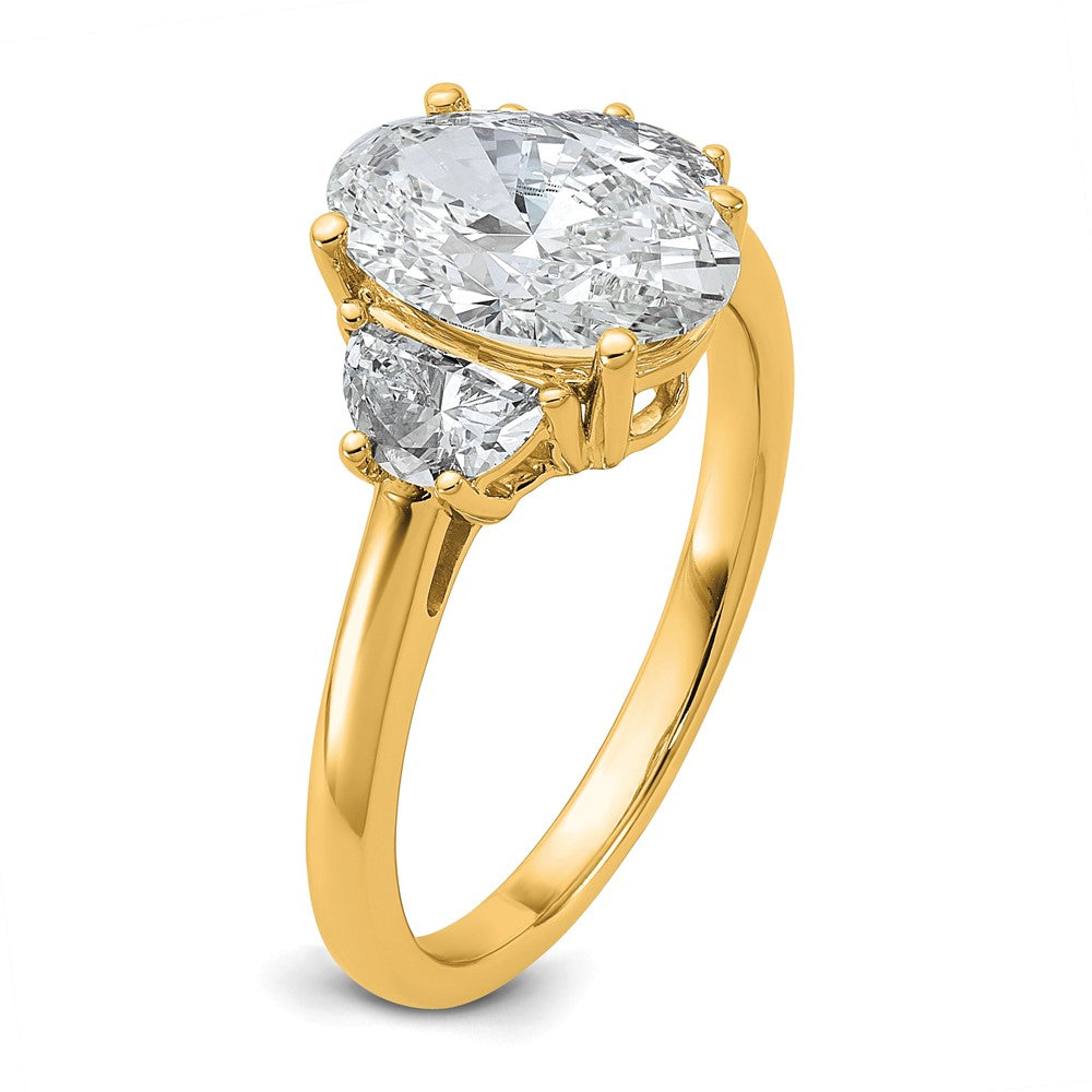 14K Yellow Gold 1/2 carat Lab Grown Diamond VS/SI+ G+ Half Moon and 2 carat Oval Center Semi Mount Three Stone Engagement Ring
