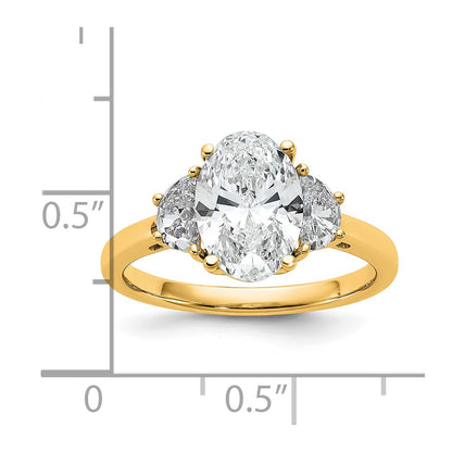 14K Yellow Gold 1/2 carat Lab Grown Diamond VS+ F+ Half Moon and 2 carat Oval Center Semi Mount Three Stone Engagement Ring