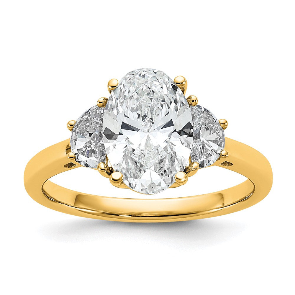 14K Yellow Gold 1/2 carat Lab Grown Diamond VS/SI+ G+ Half Moon and 2 carat Oval Center Semi Mount Three Stone Engagement Ring