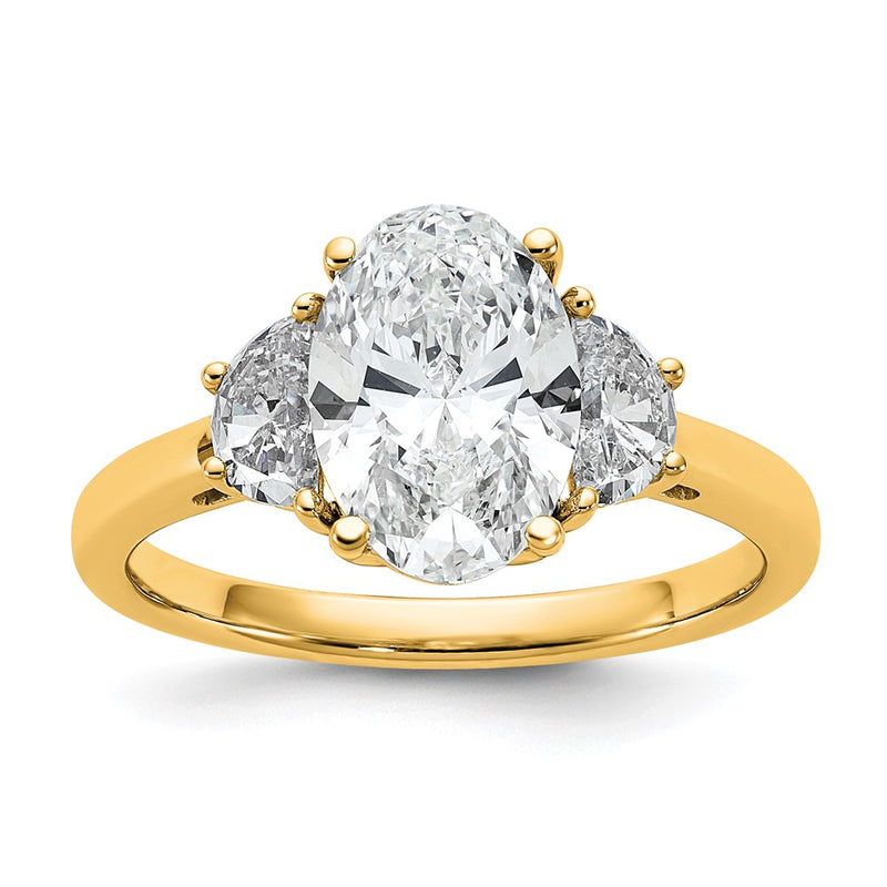 14K Yellow Gold 1/2 carat Lab Grown Diamond VS/SI+ G+ Half Moon and 2 carat Oval Center Semi Mount Three Stone Engagement Ring