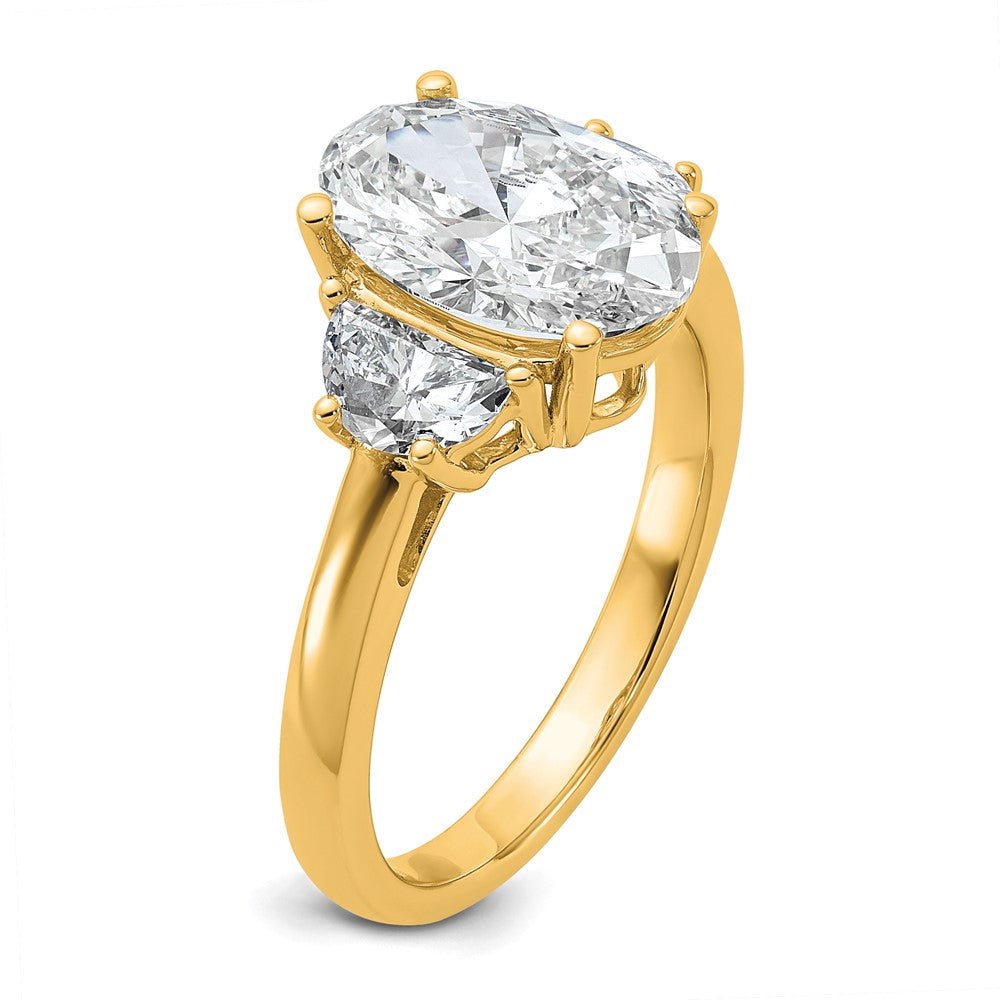 14K Yellow Gold 3 1/8 carat Certified Lab Grown Diamond VS+ F+ Complete Oval and Half Moon Three Stone Engagement Ring