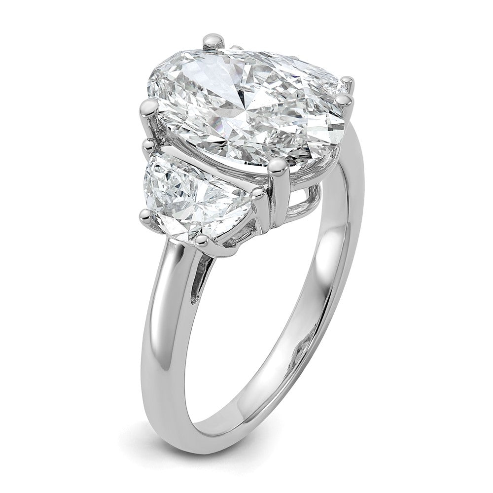 14K White Gold 1 carat Lab Grown Diamond VS+ F+ Half Moon and 3 carat Oval Center Semi Mount Three Stone Engagement Ring
