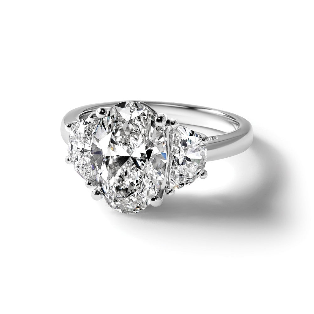 14K White Gold 4 carat Certified Lab Grown Diamond VS+ F+ Complete Oval and Half Moon Three Stone Engagement Ring