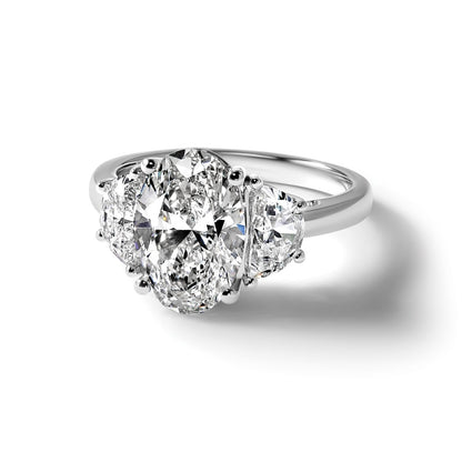 14K White Gold 4 carat Certified Lab Grown Diamond VS/SI+ G+ Complete Oval and Half Moon Three Stone Engagement Ring