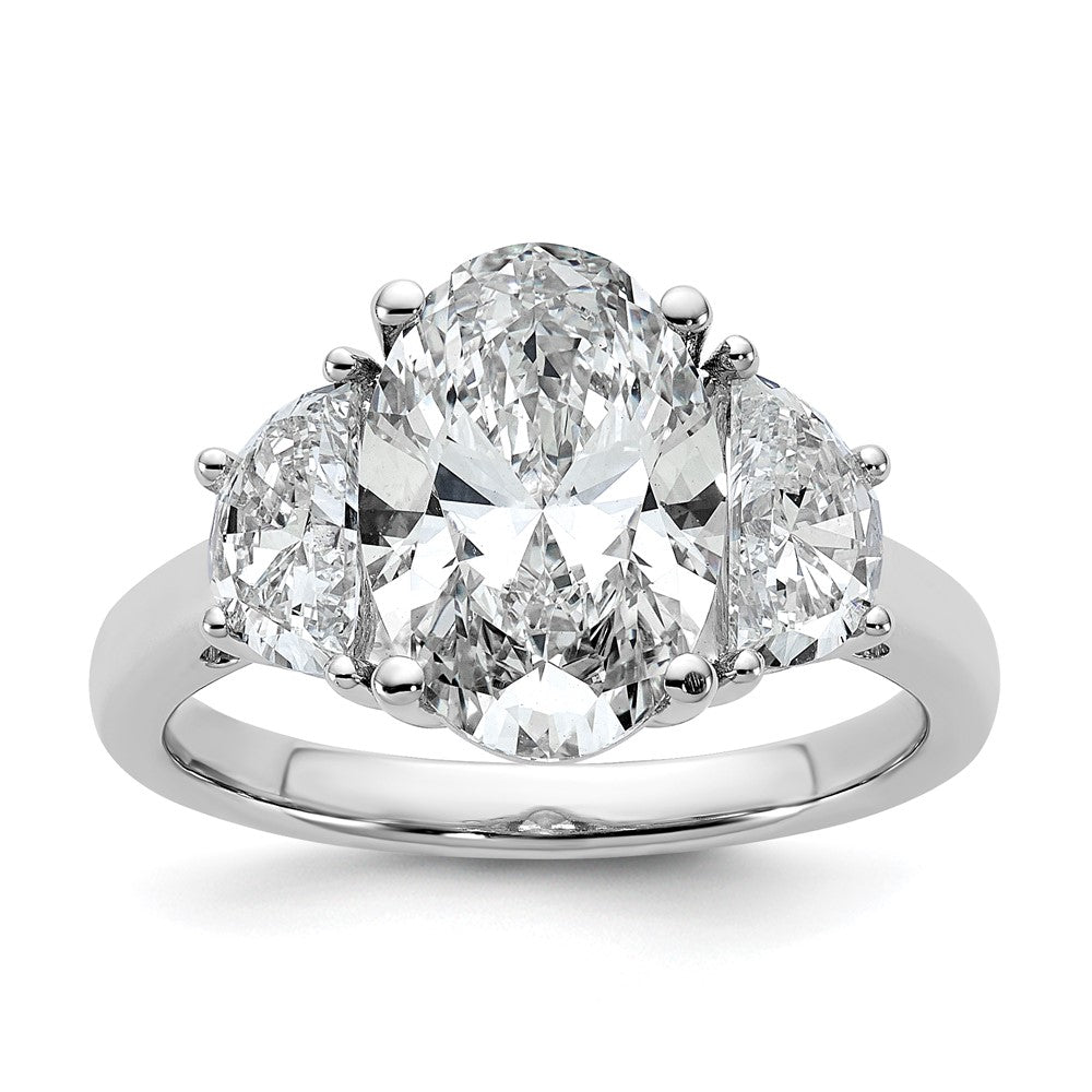 14K White Gold 1 carat Lab Grown Diamond VS+ F+ Half Moon and 3 carat Oval Center Semi Mount Three Stone Engagement Ring