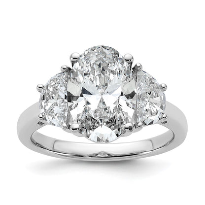 14K White Gold 1 carat Lab Grown Diamond VS+ F+ Half Moon and 3 carat Oval Center Semi Mount Three Stone Engagement Ring