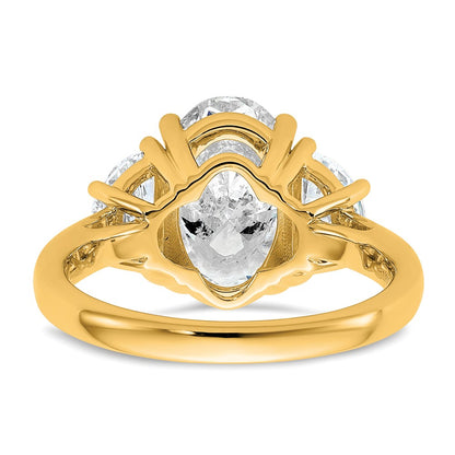 14K Yellow Gold 1 carat Lab Grown Diamond VS+ F+ Half Moon and 3 carat Oval Center Semi Mount Three Stone Engagement Ring
