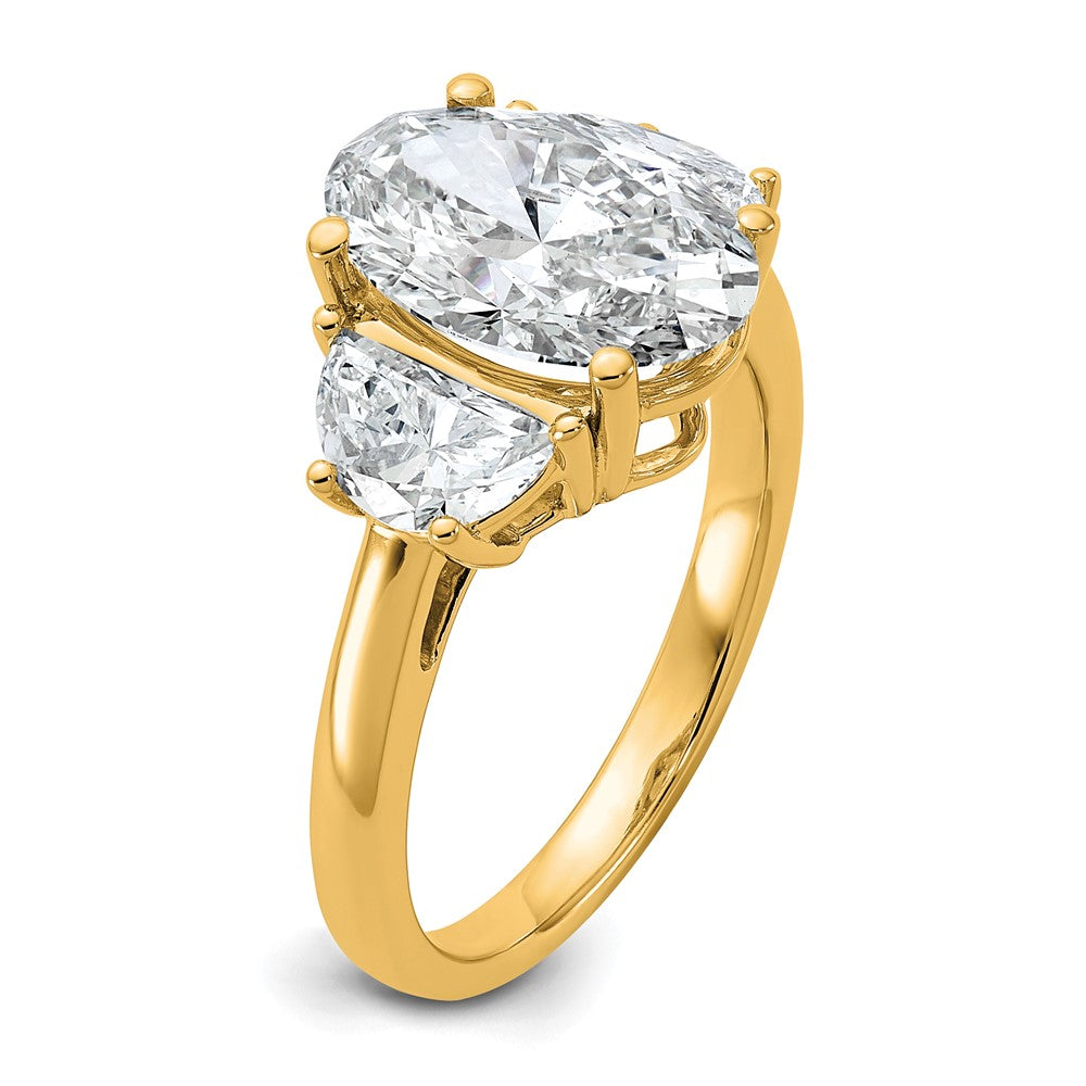 14K Yellow Gold 1 carat Lab Grown Diamond VS/SI+ G+ Half Moon and 3 carat Oval Center Semi Mount Three Stone Engagement Ring