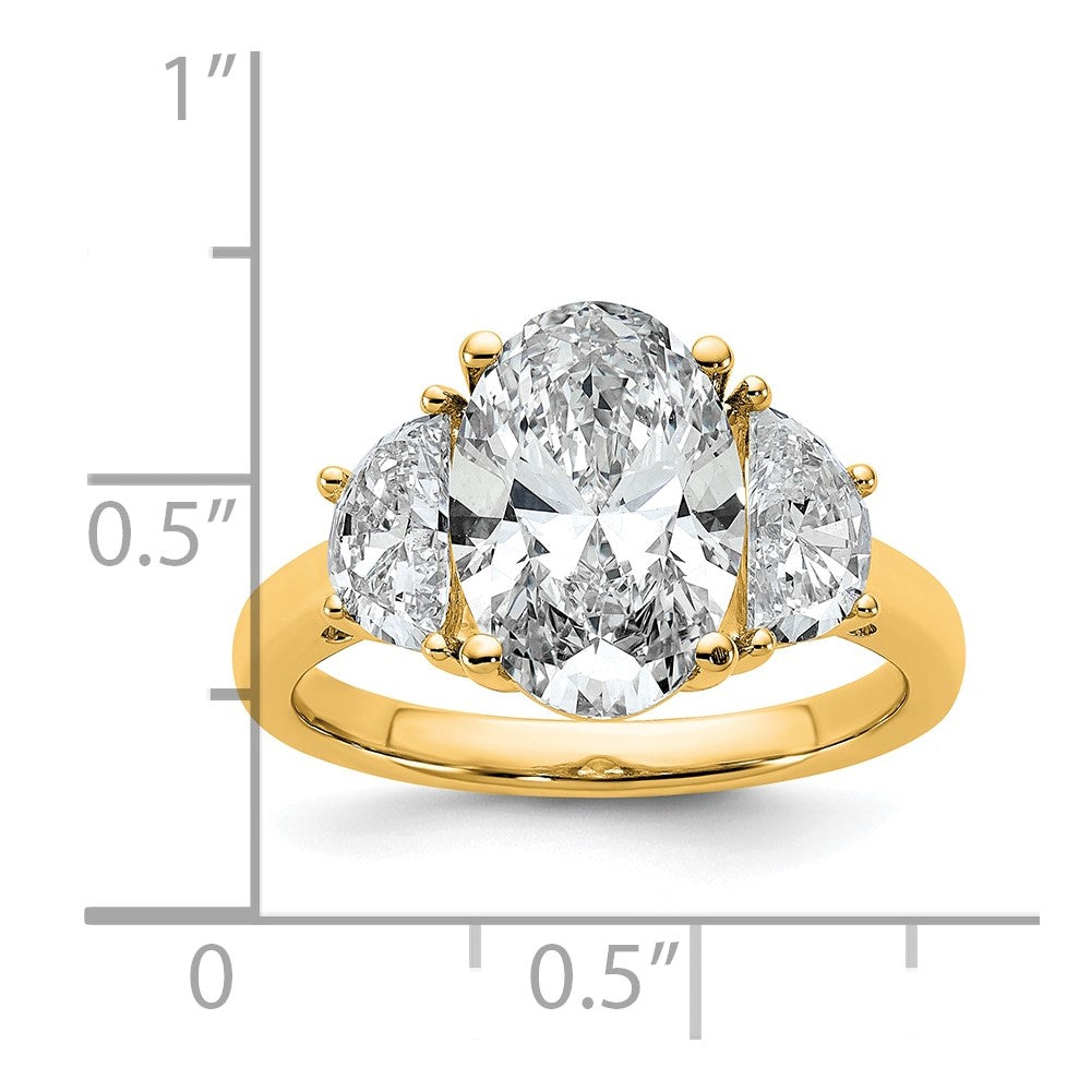 14K Yellow Gold 1 carat Lab Grown Diamond VS+ F+ Half Moon and 3 carat Oval Center Semi Mount Three Stone Engagement Ring