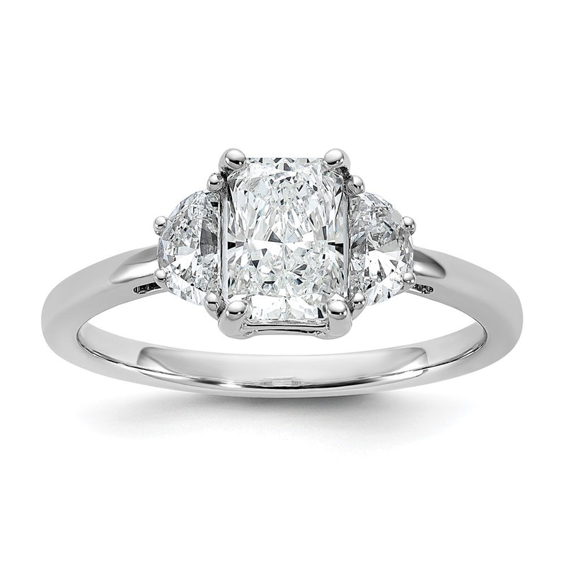 14K White Gold 3/8 carat Lab Grown Diamond VS/SI+ G+ Half Moon 1 carat Radiant Center Semi Mount Engagement Ring
