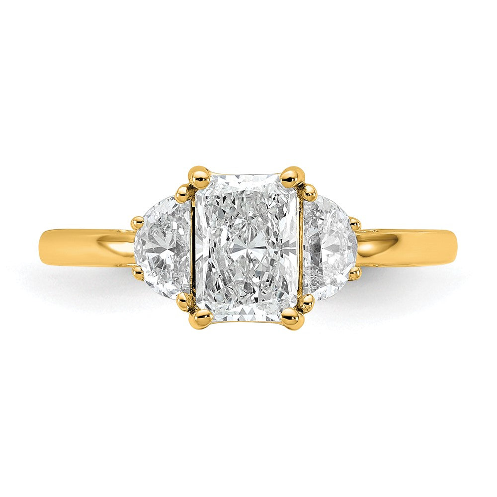 14K Yellow Gold 1 3/8 carat Certified Lab Grown Diamond VS+ F+ Radiant and Half Moon Complete Three Stone Engagement Ring