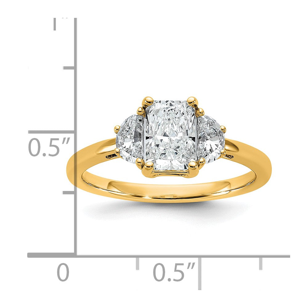 14K Yellow Gold 3/8 carat Lab Grown Diamond VS+ F+ Half Moon 1 carat Radiant Center Semi Mount Engagement Ring