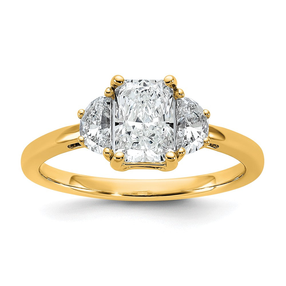 14K Yellow Gold 3/8 carat Lab Grown Diamond VS+ F+ Half Moon 1 carat Radiant Center Semi Mount Engagement Ring