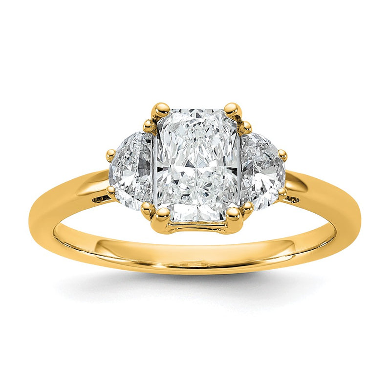 14K Yellow Gold 1 3/8 carat Certified Lab Grown Diamond VS/SI+ G+ Radiant and Half Moon Complete Three Stone Engagement Ring
