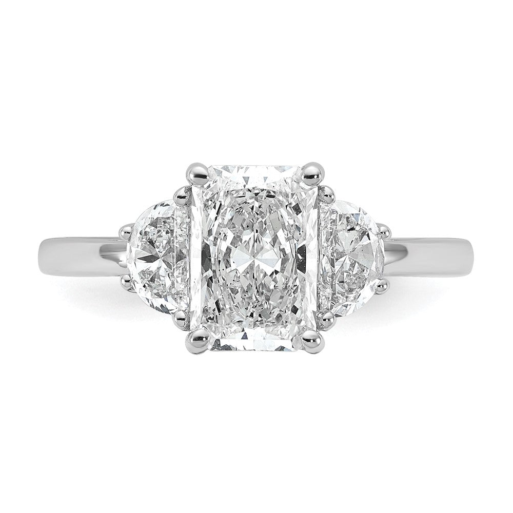 14K White Gold 2 carat Certified Lab Grown Diamond VS+ F+ Radiant and Half Moon Complete Three Stone Engagement Ring