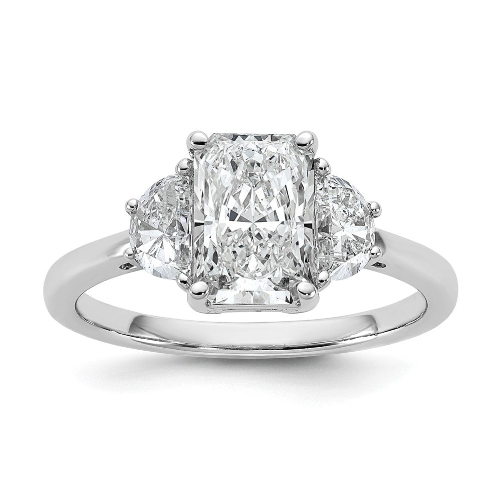 14K White Gold 2 carat Certified Lab Grown Diamond VS+ F+ Radiant and Half Moon Complete Three Stone Engagement Ring
