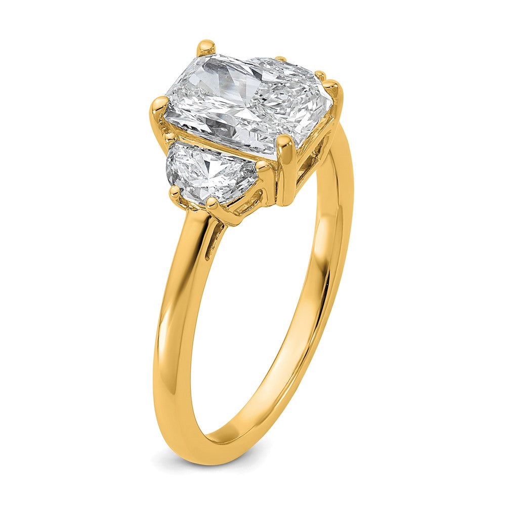 14K Yellow Gold 2 carat Certified Lab Grown Diamond VS+ F+ Radiant and Half Moon Complete Three Stone Engagement Ring