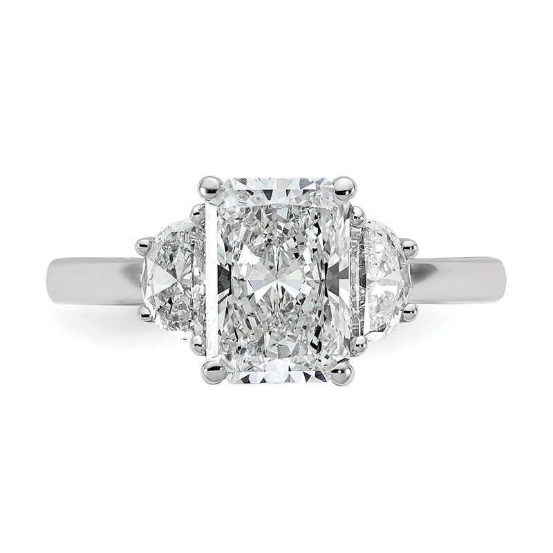 14K White Gold 2 1/2 carat Certified Lab Grown Diamond VS/SI+ G+ Radiant and Half Moon Complete Three Stone Engagement Ring
