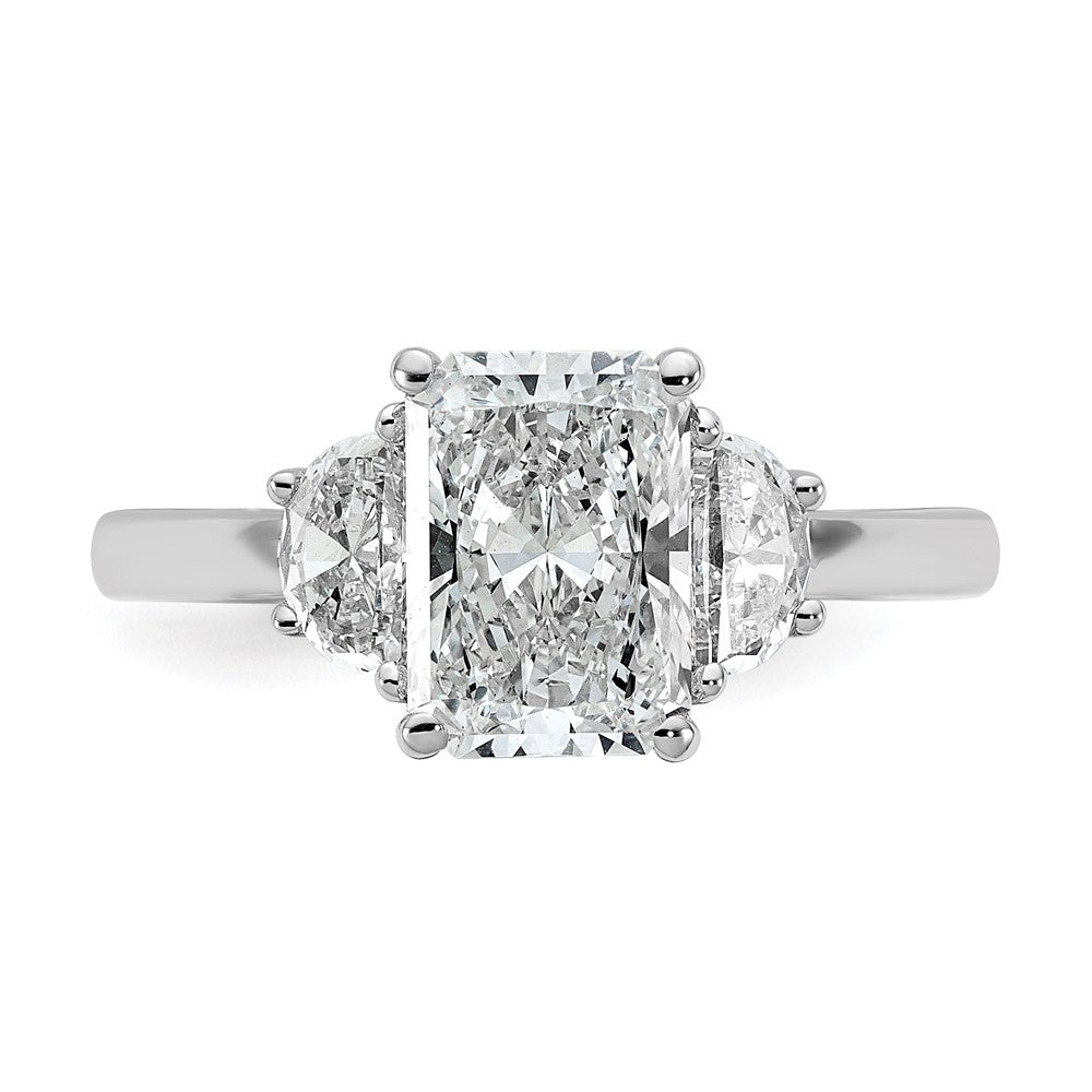 14K White Gold 2 1/2 carat Certified Lab Grown Diamond VS+ F+ Radiant and Half Moon Complete Three Stone Engagement Ring