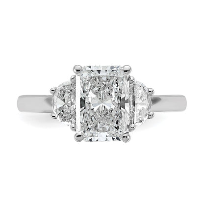 14K White Gold 2 1/2 carat Certified Lab Grown Diamond VS+ F+ Radiant and Half Moon Complete Three Stone Engagement Ring