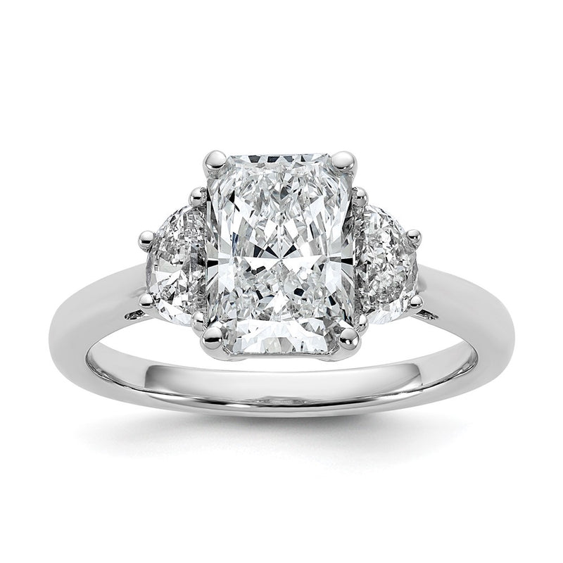 14K White Gold 1/2 carat Lab Grown Diamond VS+ F+ Half Moon 2 carat Radiant Center Semi Mount Engagement Ring