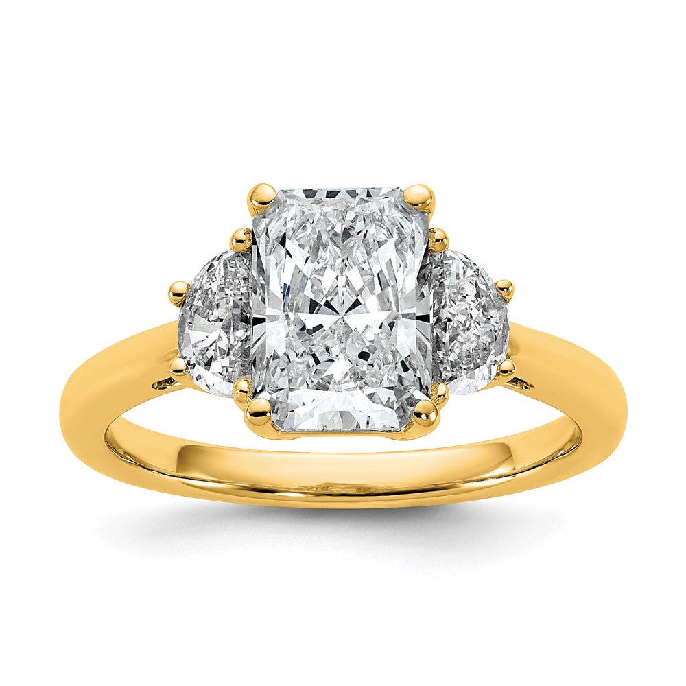 14K Yellow Gold 1/2 carat Lab Grown Diamond VS+ F+ Half Moon 2 carat Radiant Center Semi Mount Engagement Ring