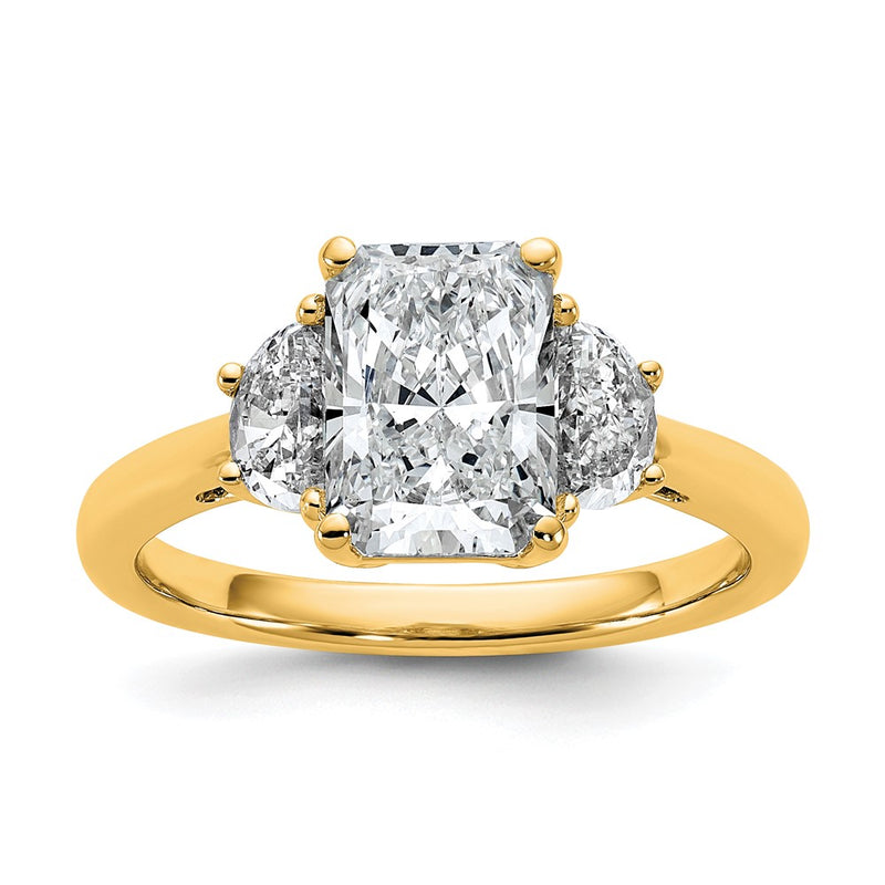 14K Yellow Gold 1/2 carat Lab Grown Diamond VS+ F+ Half Moon 2 carat Radiant Center Semi Mount Engagement Ring