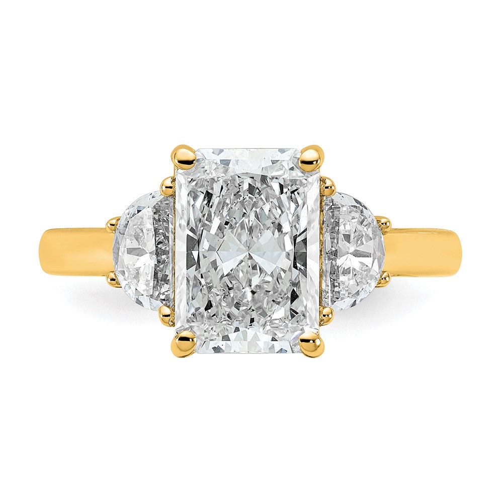 14K Yellow Gold 3 1/8 carat Certified Lab Grown Diamond VS+ F+ Radiant and Half Moon Complete Three Stone Engagement Ring