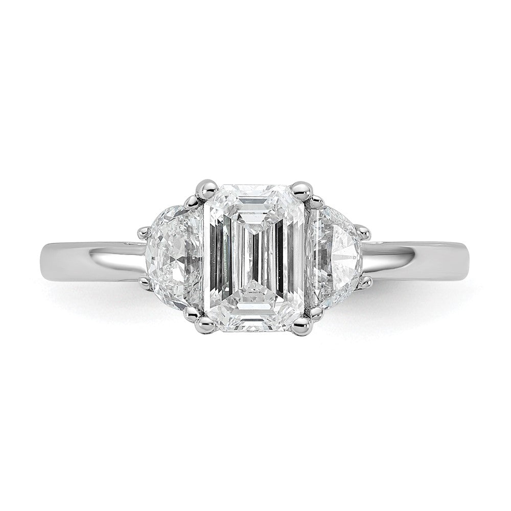 14K White Gold 3/8 carat Lab Grown Diamond VS+ F+ Semi Mount Emerald and Half Moon Three Stone Engagement Ring