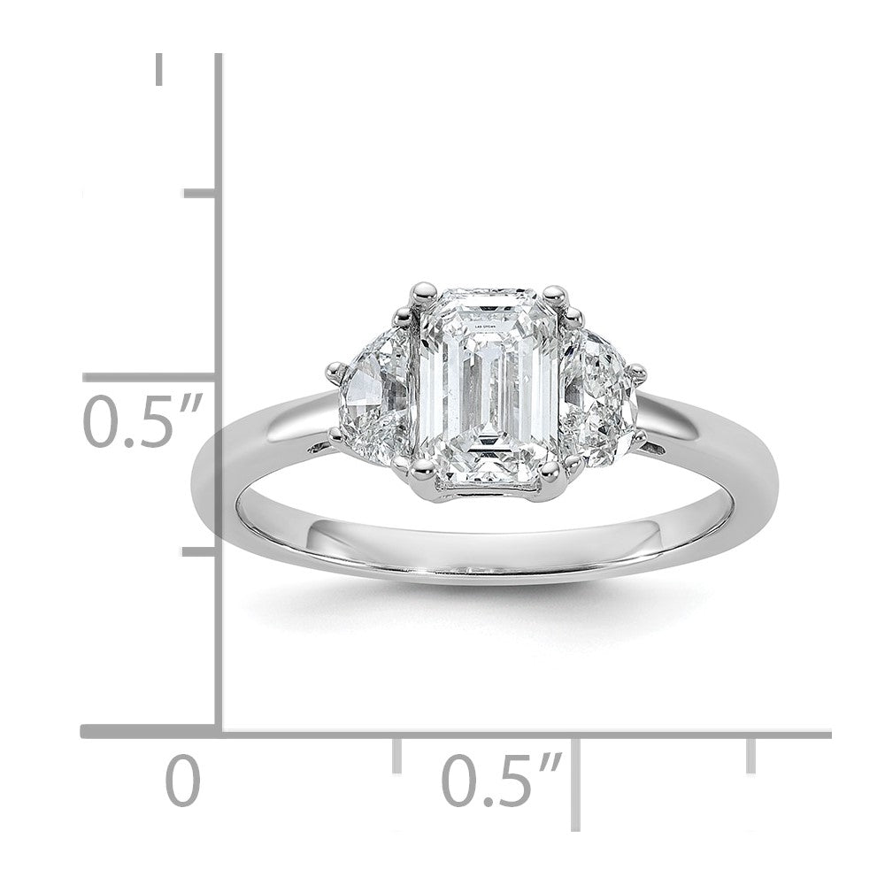 14K White Gold 3/8 carat Lab Grown Diamond VS/SI+ G+ Semi Mount Emerald and Half Moon Three Stone Engagement Ring