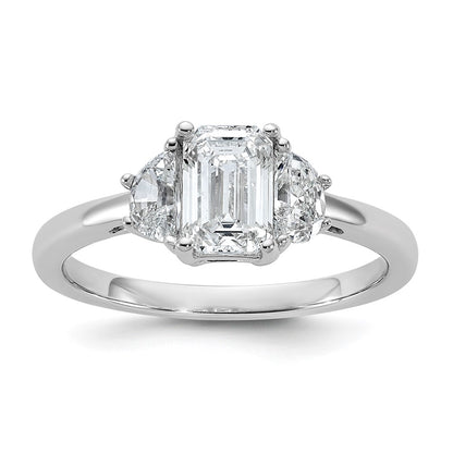 14K White Gold 3/8 carat Lab Grown Diamond VS+ F+ Semi Mount Emerald and Half Moon Three Stone Engagement Ring