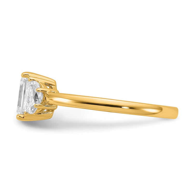 14K Yellow Gold 3/8 carat Lab Grown Diamond VS+ F+ Semi Mount Emerald and Half Moon Three Stone Engagement Ring