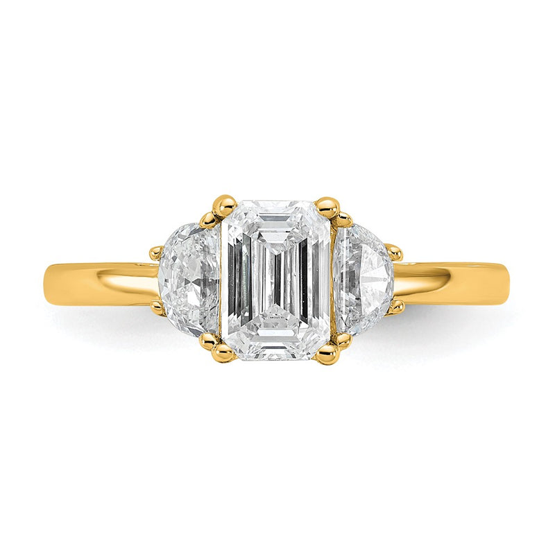 14K Yellow Gold 3/8 carat Lab Grown Diamond VS+ F+ Semi Mount Emerald and Half Moon Three Stone Engagement Ring