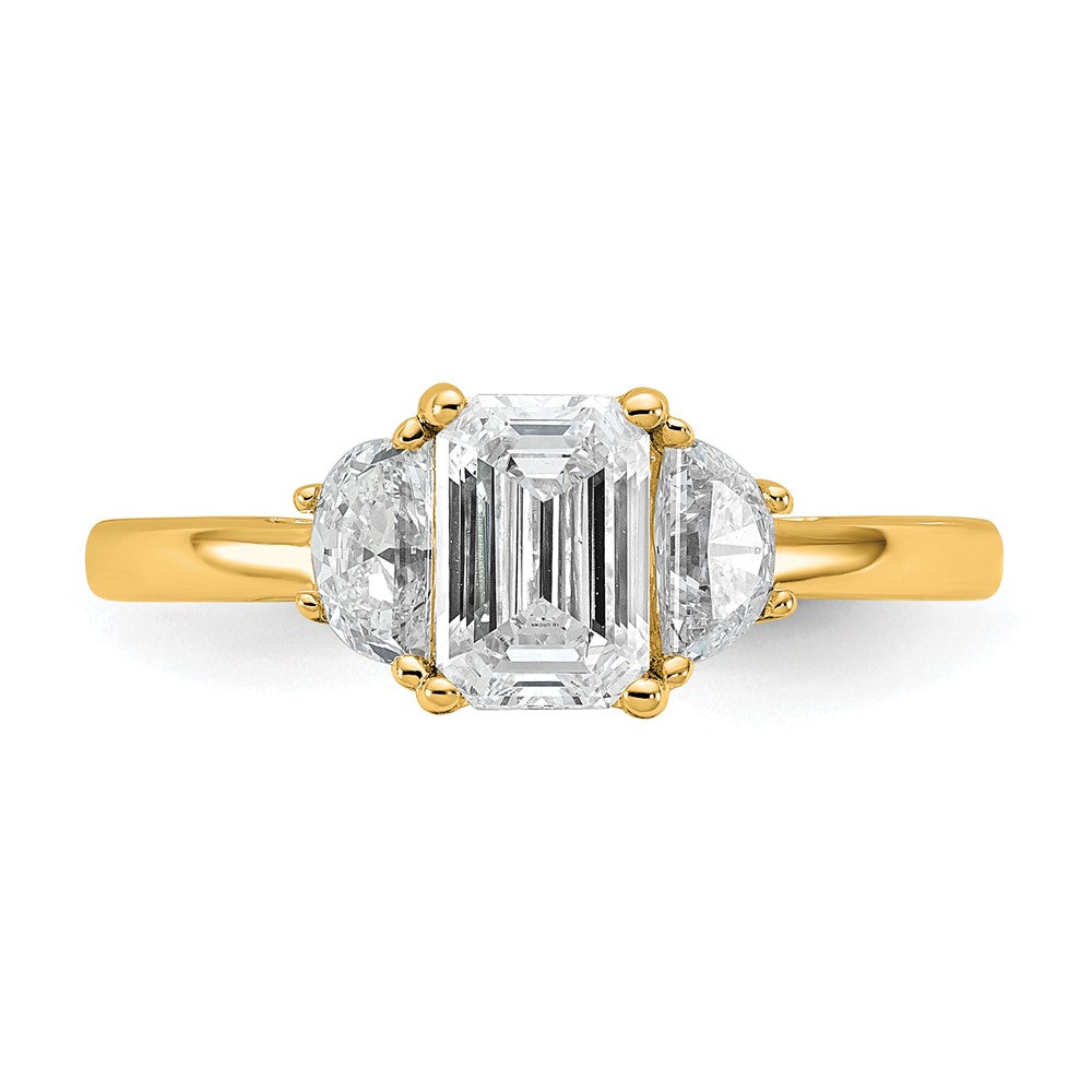 14K Yellow Gold 3/8 carat Lab Grown Diamond VS/SI+ G+ Semi Mount Emerald and Half Moon Three Stone Engagement Ring