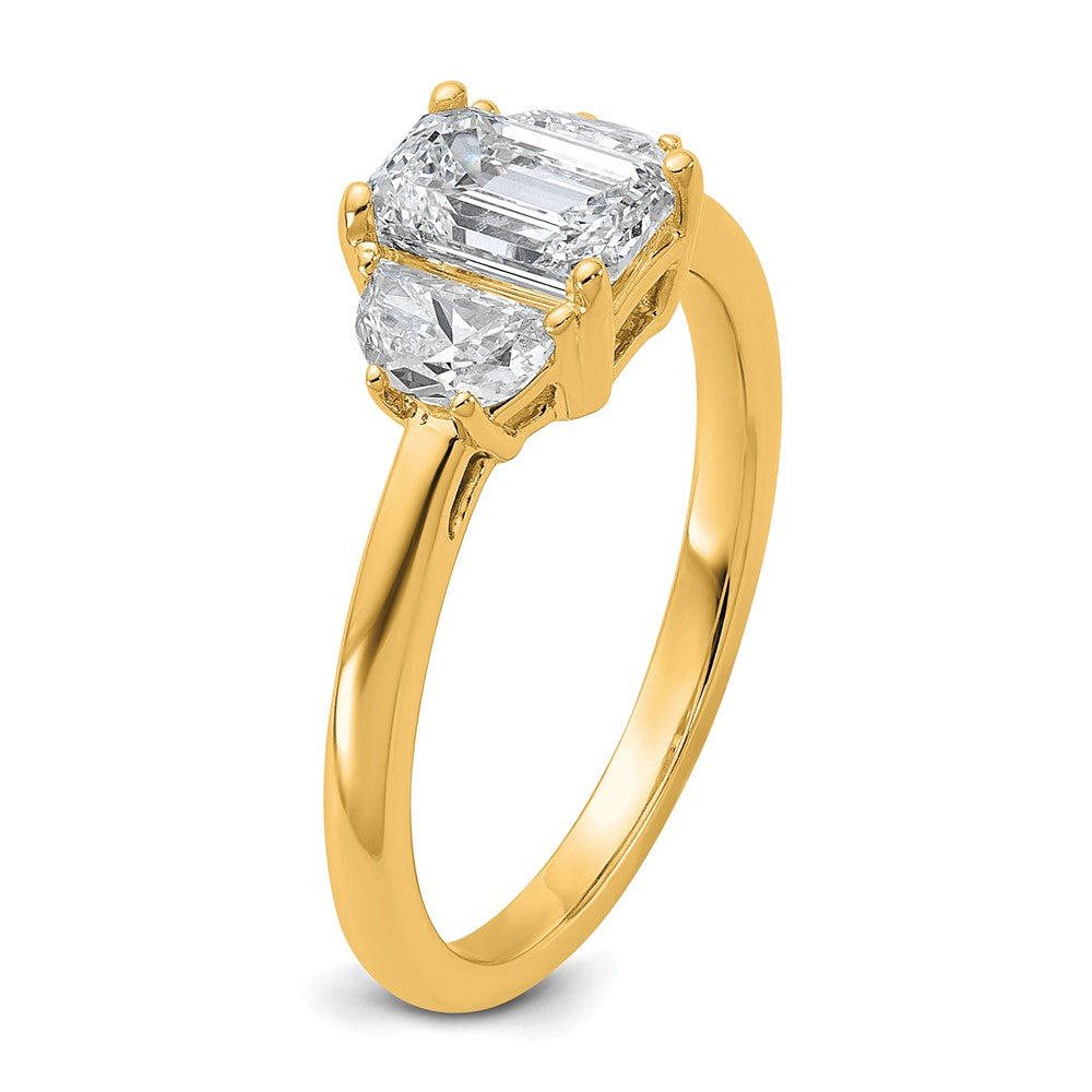 14K Yellow Gold 3/8 carat Lab Grown Diamond VS+ F+ Semi Mount Emerald and Half Moon Three Stone Engagement Ring