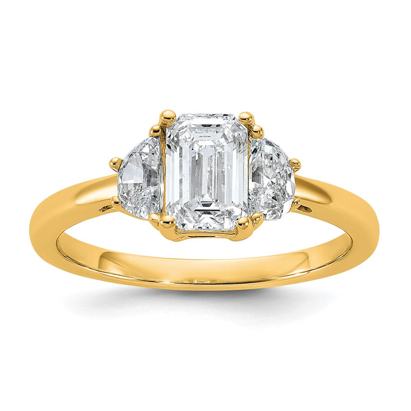 14K Yellow Gold 1 3/8 carat Certified Lab Grown Diamond VS+ F+ Complete Emerald and Half Moon Three Stone Engagement Ring