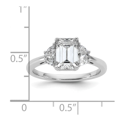 14K White Gold 1/2 carat Lab Grown Diamond VS+ F+ Semi Mount Emerald and Half Moon Three Stone Engagement Ring