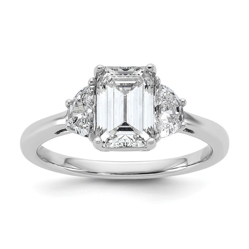 14K White Gold 1/2 carat Lab Grown Diamond VS+ F+ Semi Mount Emerald and Half Moon Three Stone Engagement Ring