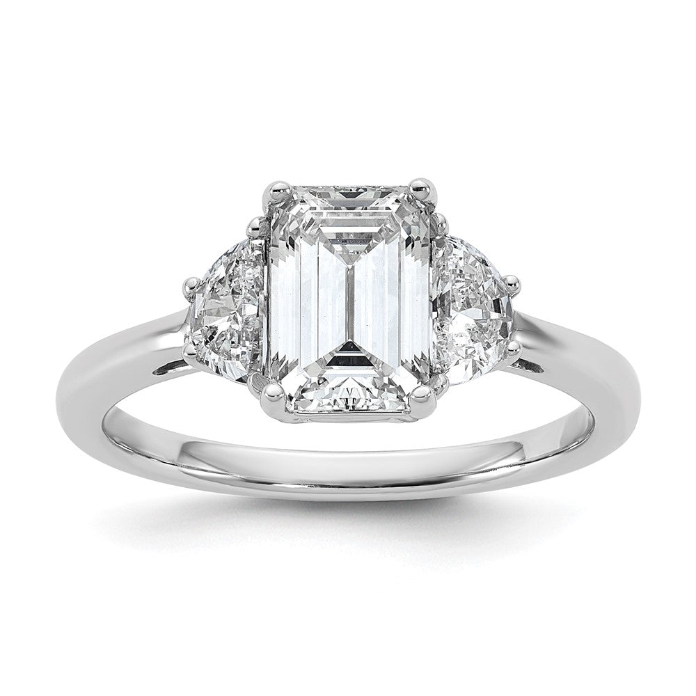 14K White Gold 1/2 carat Lab Grown Diamond VS/SI+ G+ Semi Mount Emerald and Half Moon Three Stone Engagement Ring