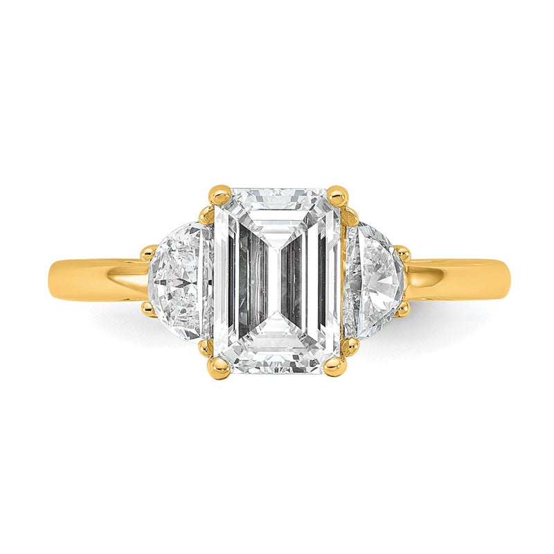 14K Yellow Gold 1/2 carat Lab Grown Diamond VS+ F+ Semi Mount Emerald and Half Moon Three Stone Engagement Ring