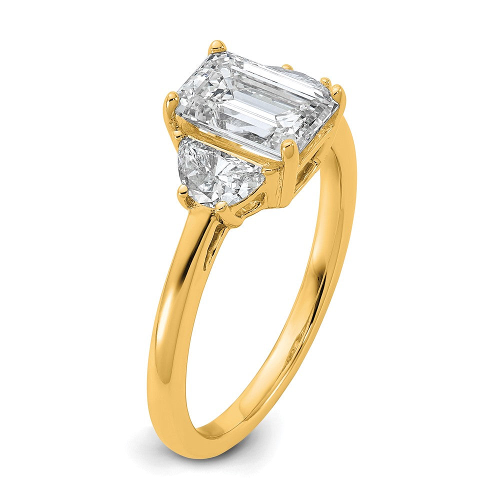 14K Yellow Gold 2 carat Certified Lab Grown Diamond VS+ F+ Complete Emerald and Half Moon Three Stone Engagement Ring